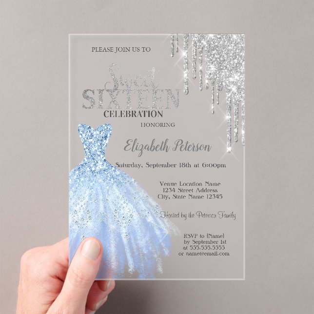 Silver Glitter Drips,Blue Dress Sweet 16  Acrylic Invitations (Insitu (Handheld))
