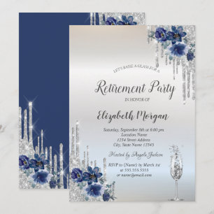 Silver Glitter Drips Blue Flowers Retirement  Invitation