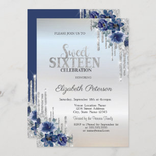 Silver Glitter Drips Blue Flowers Silver Sweet 16  Invitation