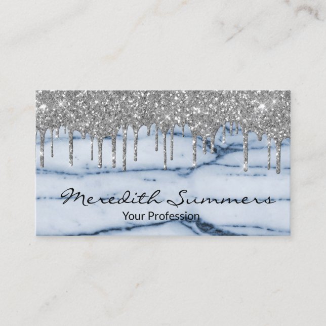 Silver Glitter Drips Blue Marble Customise Glitter Business Card (Front)
