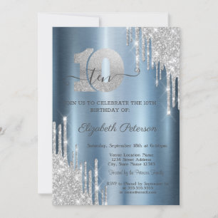 Silver Glitter Drips Blue Metallic 10th Birthday  Invitation