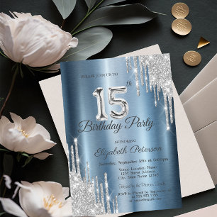 Silver Glitter Drips Blue Metallic 15th Birthday Invitation