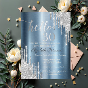 Silver Glitter Drips Blue Metallic 30th Birthday Invitation