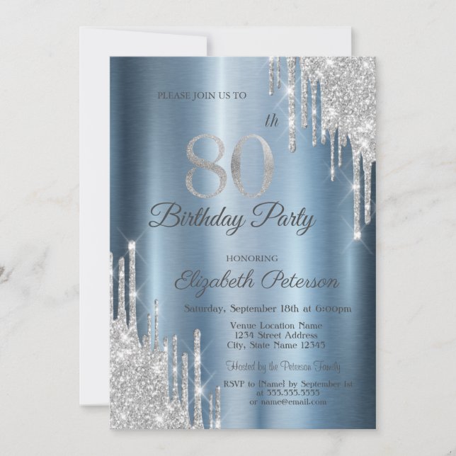Silver Glitter Drips Blue Metallic 80th Birthday  Invitation (Front)