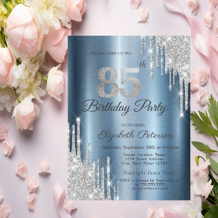 Silver Glitter Drips Blue Metallic 85th Birthday  Invitation