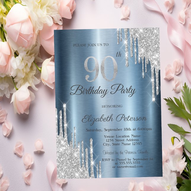Silver Glitter Drips Blue Metallic 90th Birthday  Invitation (Creator Uploaded)
