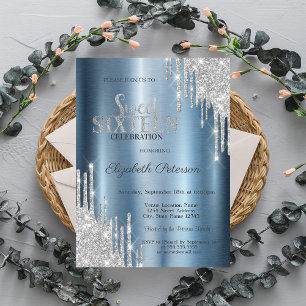  Silver Glitter Drips Blue Metallic Sweet 16  Invitation