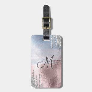 Silver Glitter Drips Blue Rose Gold Metallic Luggage Tag