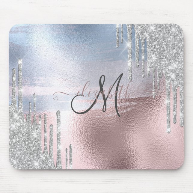 Silver Glitter Drips Blue Rose Gold Metallic  Mouse Pad (Front)