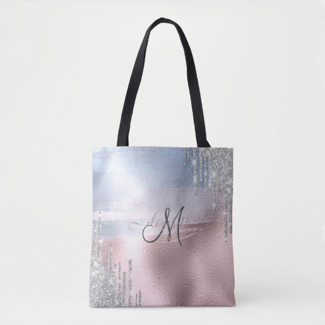Silver Glitter Drips Blue Rose Gold Metallic  Tote Bag (Front)