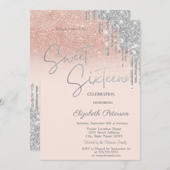 Silver Glitter Drips Blush Pink Sweet 16  Invitation (Front/Back)