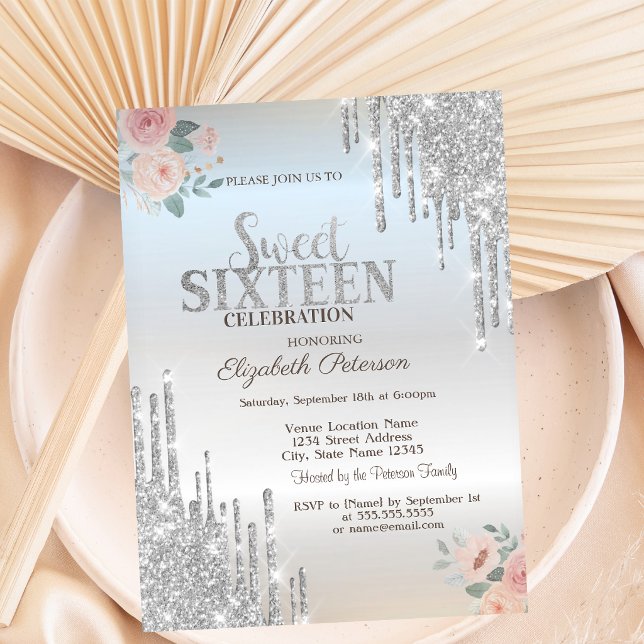 Silver Glitter Drips Boho Roses Silver Sweet 16 Invitation (Creator Uploaded)