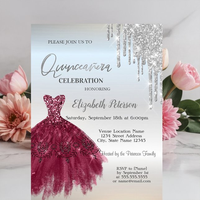 Silver Glitter Drips,Burgundy Dress Quinceañera Invitation (Creator Uploaded)