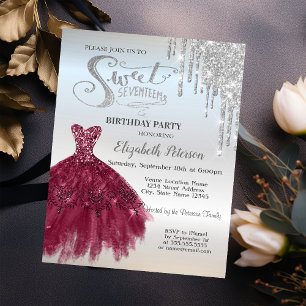Silver Glitter Drips,Burgundy Dress Sweet 17  Invitation