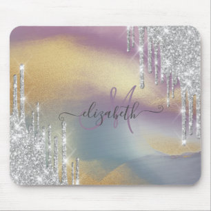 Silver Glitter Drips Colourful Gold Monogram Mouse Pad