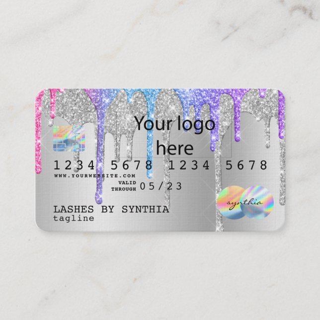 Silver glitter drips Credit Card hologram add logo (Front)