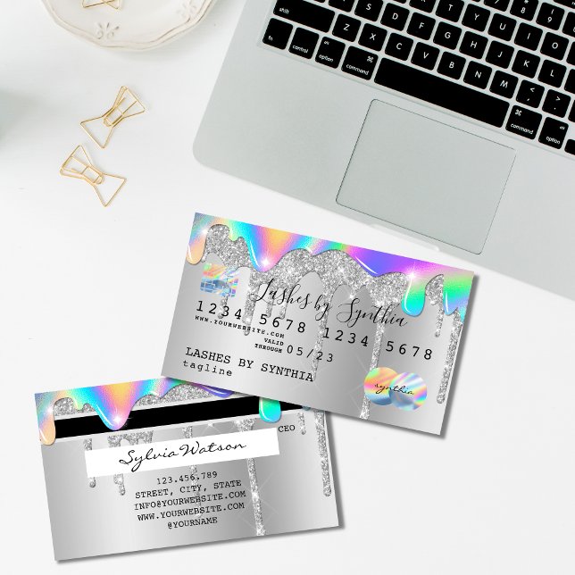 Silver glitter drips Credit Card hologram add name (Creator Uploaded)