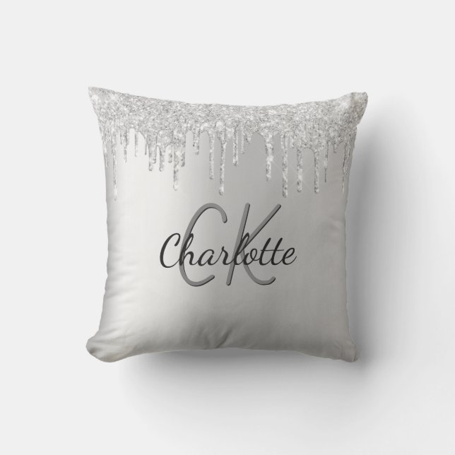 Silver glitter drips custom monogram name sparkle cushion (Front)
