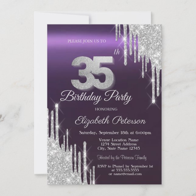 Silver Glitter Drips Dark Purple 35th Birthday   Invitation (Front)