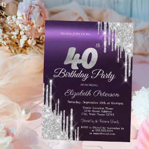 Silver Glitter Drips Dark Purple 40th Birthday Invitation