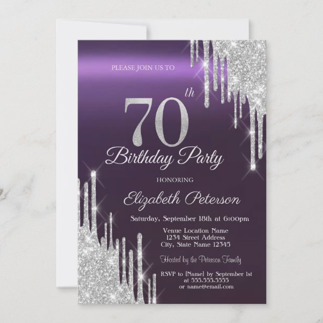 Silver Glitter Drips Dark Purple 70th Birthday   Invitation (Front)