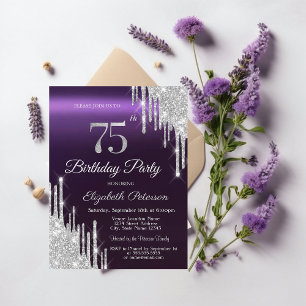 Silver Glitter Drips Dark Purple 75th Birthday Invitation