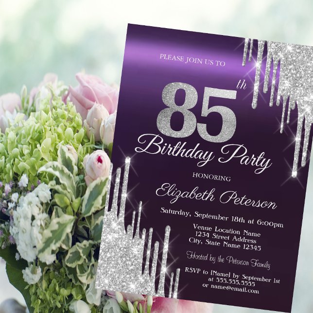 Silver Glitter Drips Dark Purple 85th Birthday   Invitation (Creator Uploaded)