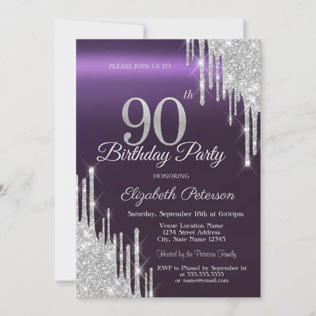  Silver Glitter Drips Dark Purple 90th Birthday   Invitation (Front)