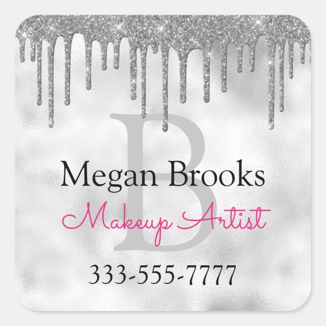 Silver Glitter Drips, DIY Name, Monogram Title Blk Square Sticker (Front)