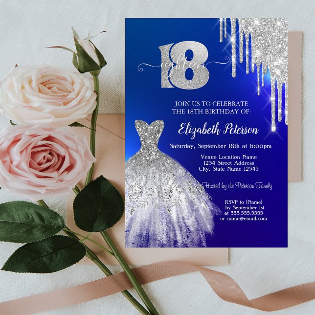 Silver Glitter Drips,Dress Blue 18th Birthday Invitation (Creator Uploaded)