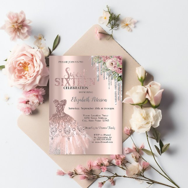 Silver Glitter Drips,Dress Flowers Sweet 16 Invitation (Creator Uploaded)