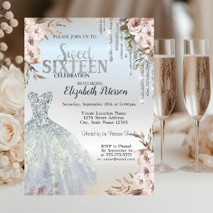 Silver Glitter Drips Dress Flowers Sweet 16 Invitation