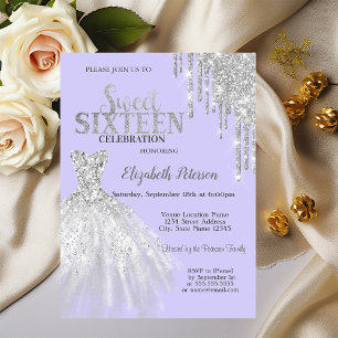 Silver Glitter Drips,Dress Light Purple Sweet 16  Invitation