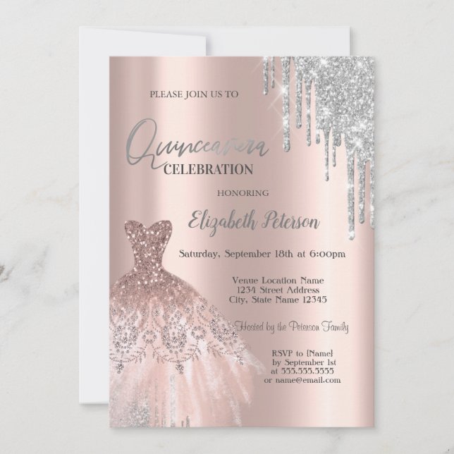  Silver Glitter Drips,Dress Rose Gold  Quinceañera Invitation (Front)