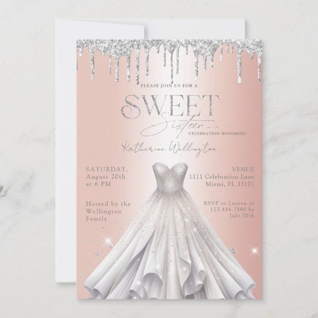 Silver Glitter Drips Dress Rose Gold Sweet 16 Invitation (Front)
