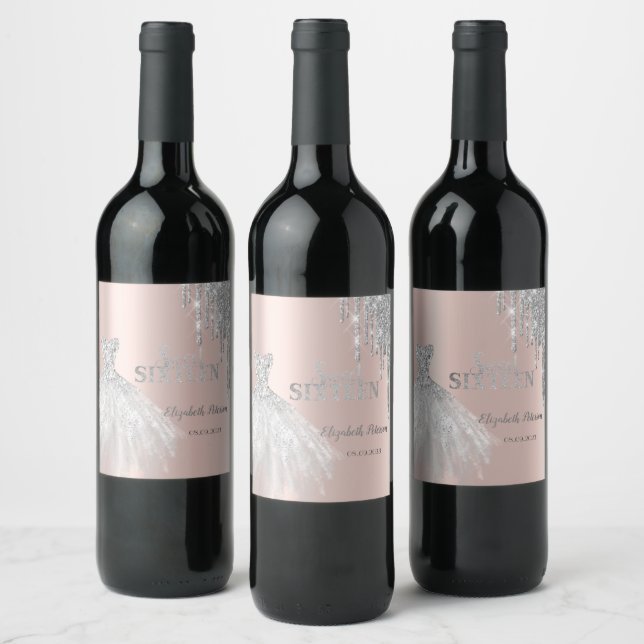 Silver Glitter Drips, Dress Rose Gold Sweet 16   Wine Label (Bottles)