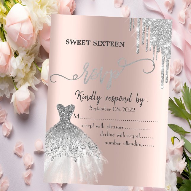 Silver Glitter Drips Dress Sweet 16 RSVP  Invitation (Creator Uploaded)