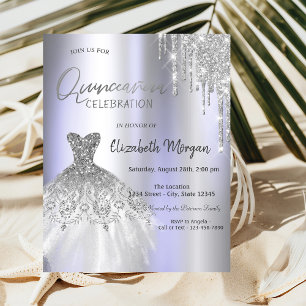Silver Glitter Drips Dress Violet Quinceañera Invitation