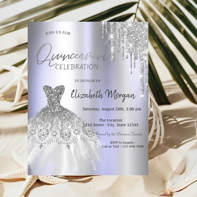 Silver Glitter Drips Dress Violet Quinceañera Invitation (Creator Uploaded)