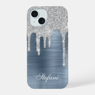 Silver Glitter Drips Dusty Blue Glam Girly iPhone 15 Case