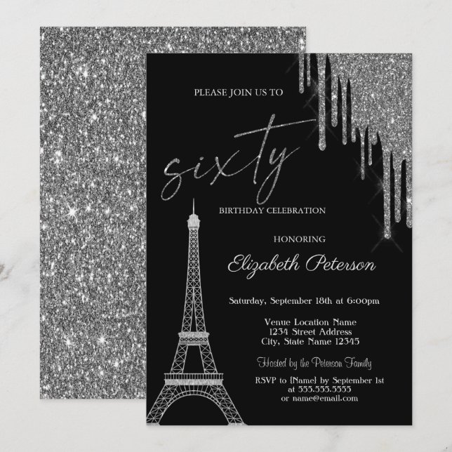 Silver Glitter Drips, Eiffel Tower 60t Birthday  Invitation (Front/Back)