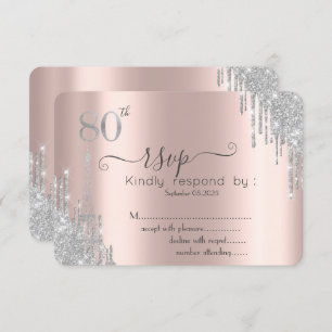   Silver Glitter Drips, Eiffel Tower 80th RSVP  Invitation