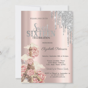Silver Glitter Drips,Eiffel Tower Peonies Sweet 16 Invitation