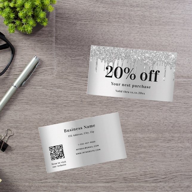 Silver glitter drips elegant qr code business discount card (Creator Uploaded)