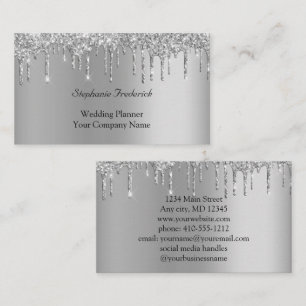 Silver Glitter Drips Feminine Small Business  Card