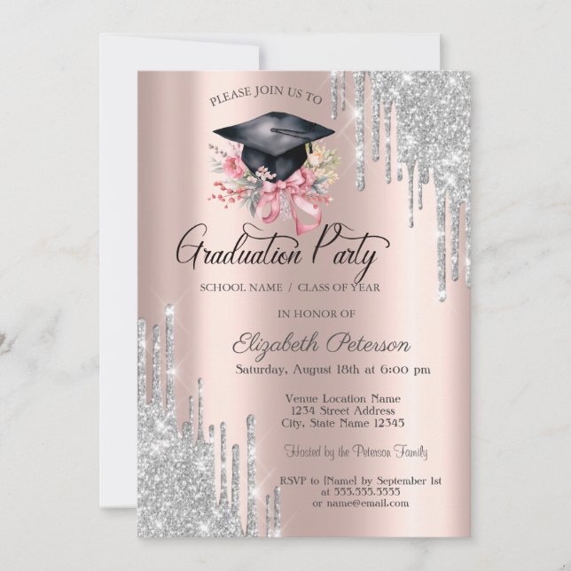 Silver Glitter Drips Floral Grad Cap Rose Gold Invitation (Front)