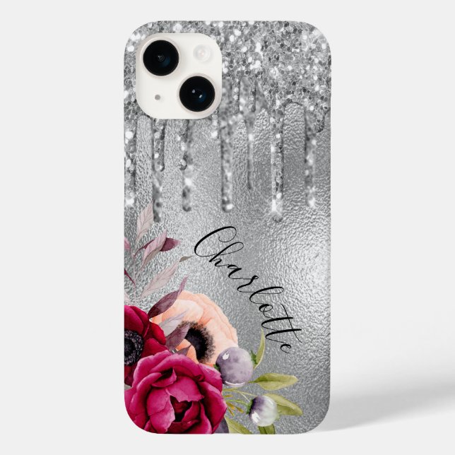 Silver glitter drips florals name Case-Mate iPhone case (Back)