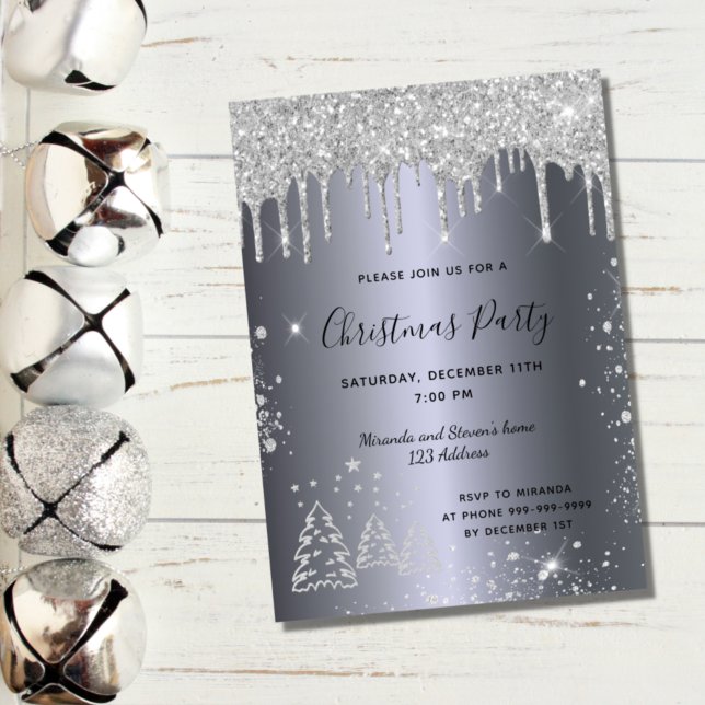 Silver glitter drips forest Christmas party Invitation (Creator Uploaded)