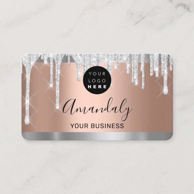 Silver Glitter Drips Frame Qr Code Logo Rose Gold Business Card (Front)