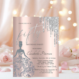  Silver Glitter Drips,Girl Dress 50th Birthday  Invitation